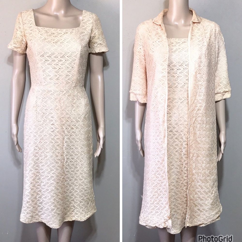 Vintage 40s 50s Mancini beige textured 2 pc dress & jacket set mod size XS RARE